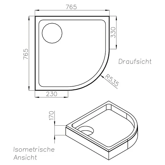 Ottofond Duschwannenträger Andros - L x B: 76,5 x 76,5 cm, Expandiertes Polystyrol, Weiß - Schema der Duschwanne mit Maßen, Draufsicht und isometrischer Ansicht zur Veranschaulichung der Abmessungen und des Designs.