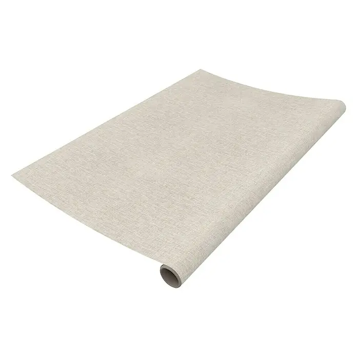 Papel pintado de vinilo adhesivo Lienzo - 280 x 90 cm, PVC, Beige - Primer plano de un rollo de elegante papel pintado de lino, destacando la textura y el material.\n