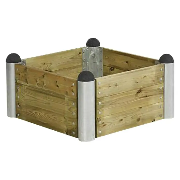 Plus Hochbeet Pipe - 80 x 80 x 36 cm, Holz, Natur - Das Produkt ist ein quadratisches, erhöhtes Gartenbeet mit Holzbrettern und silberfarbenen Metallpfosten mit schwarzen runden Kappen.
