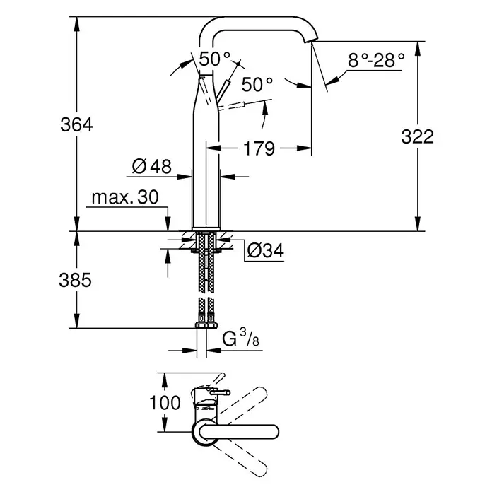 Grohe Essence Waschtischarmatur XL-Size - Chrom, Glänzend - Eine technische Zeichnung eines Wasserhahns mit Maßangaben zu Höhe, Durchmesser und Winkel.