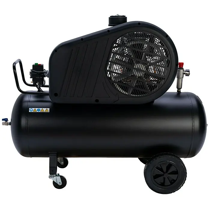 Herkules Kompressor Pro-Line N 59/270 CT5,5 - 4.000 W, Max. Druck: 10 bar, 270 l - Ein schwarzer, fahrbarer Kompressor mit einem großen Lüfter und Druckbehälter, ideal für Werkstätten und Baustellen.