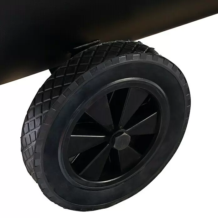 Herkules Kompressor Pro-Line N 59/270 CT5,5 - 4.000 W, Max. Druck: 10 bar, 270 l - Schwarzes Kunststoffrad mit Rautenprofil und Speichen, an einem schwarzen Rohrrahmen befestigt.