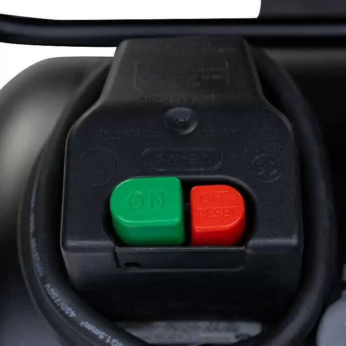 Herkules Kompressor Pro-Line N 59/270 CT5,5 - 4.000 W, Max. Druck: 10 bar, 270 l - Schwarze Kunststoff-Schaltbox mit grünen 'ON'- und roten 'OFF RESET'-Druckknöpfen und einem aufgewickelten schwarzen Kabel.