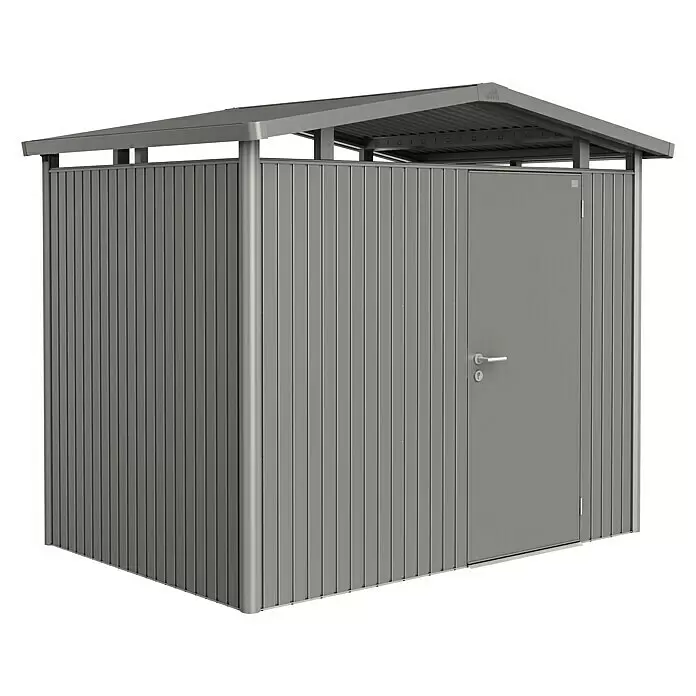 Biohort Panorama Gerätehaus Panorama P2 - Außenmaß inkl. Dachüberstand (B x T): 273 x 198 cm, Stahl, Quarzgrau Metallic, Einzeltür - Grauer Metall-Gartenschuppen mit Spitzdach und einer Einzeltür.