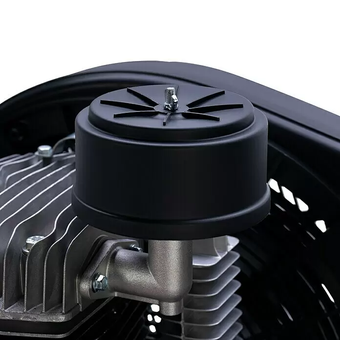 Herkules Kompressor Pro-Line N 59/270 CT5,5 - 4.000 W, Max. Druck: 10 bar, 270 l - Schwarzes Luftfiltergehäuse auf grauem Kompressorteil mit Kühlrippen.
