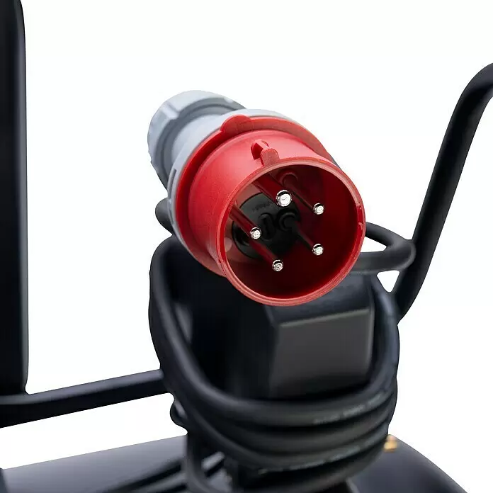 Herkules Kompressor Pro-Line N 59/270 CT5,5 - 4.000 W, Max. Druck: 10 bar, 270 l - Roter und weißer 5-poliger Industriestromstecker mit schwarzem Kabel.