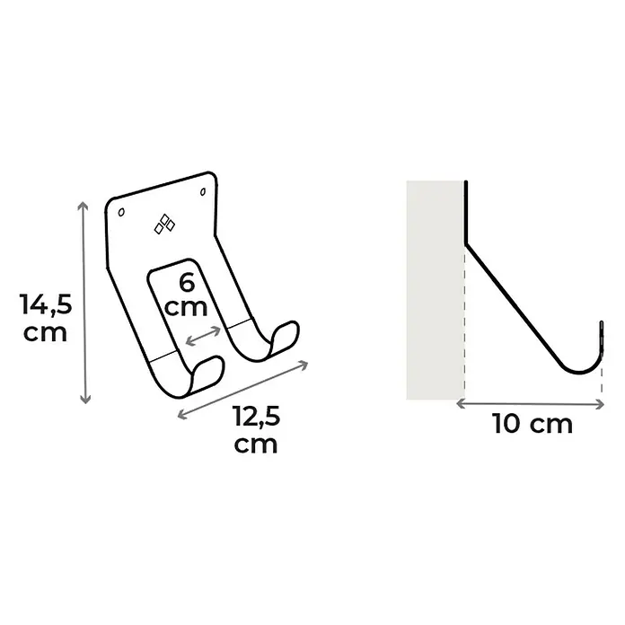 Rei Wandträger - Geeignet für: Skateboards, L x B x H: 100 x 145 x 125 mm - Das Bild zeigt eine schematische Zeichnung einer Fahrradaufhängung mit den Maßen 14,5 cm Höhe, 12,5 cm Tiefe und 6 cm Hakenabstand.