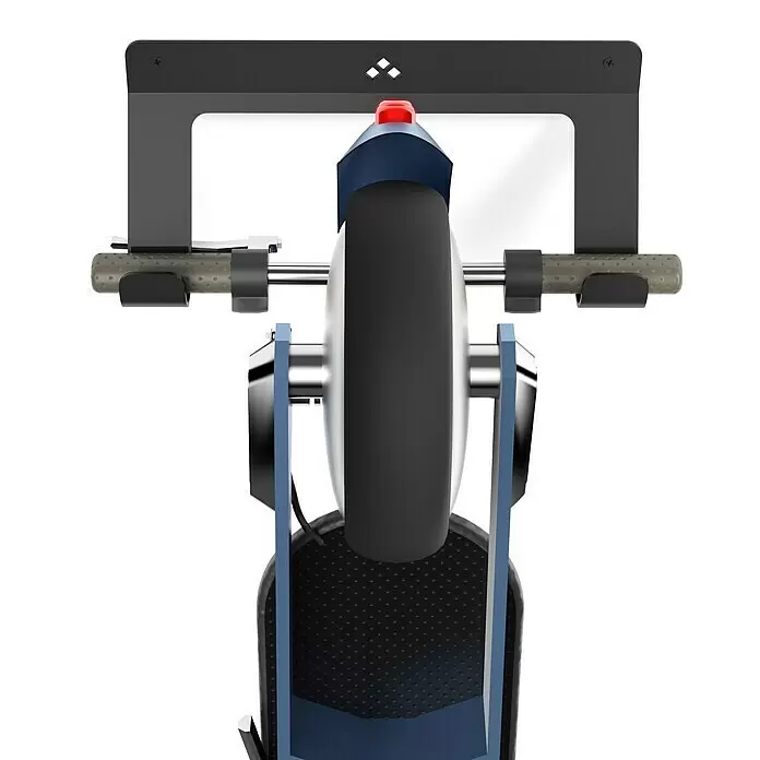 Rei Wandträger - Geeignet für: E-Scooter, L x B x H: 100 x 320 x 130 mm - Frontansicht eines Elektrorollers: dunkelgraue strukturierte Griffe, schwarzes Rad, blaues Schutzblech und roter Scheinwerfer.