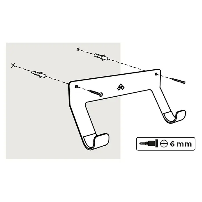 Rei Wandträger - L x B x H: 100 x 320 x 130 mm, Stahl - Illustration einer Fahrradwandhalterung mit Installationsanleitung und Angaben zum benötigten Werkzeug (6 mm Bohrer).
