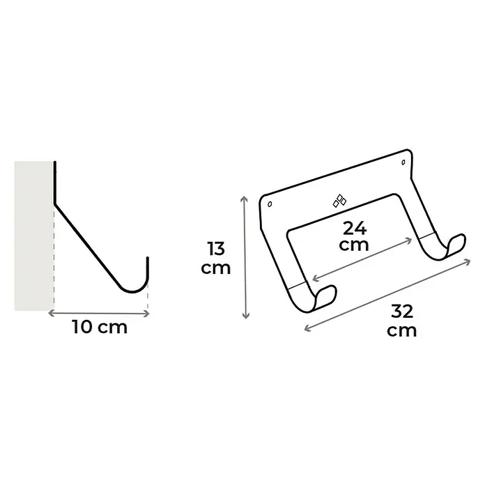 Rei Wandträger - Geeignet für: E-Scooter, L x B x H: 100 x 320 x 130 mm - Abbildung einer schwarzen Wandhalterung mit den Maßen 10x13 cm und einer Fahrradaufhängung mit den Maßen 24x32 cm.