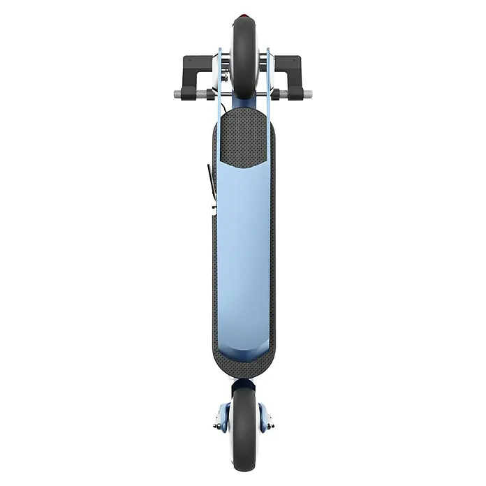 Rei Wandträger - Geeignet für: E-Scooter, L x B x H: 100 x 320 x 130 mm - Draufsicht auf einen hellblauen Elektroroller mit schwarzem Lenker und Rädern, ideal für urbane Mobilität.