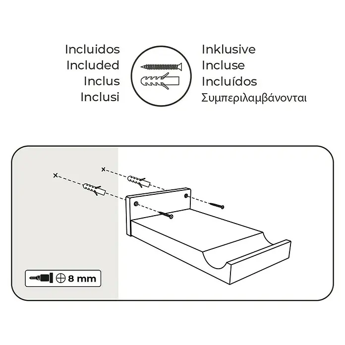 Rei Fahrradhalterung - L x B x H: 35 x 20 x 10 cm, Belastbarkeit: 25 kg - Eine Montageanleitung zeigt Schrauben und Dübel zur Befestigung des Produkts an der Wand.