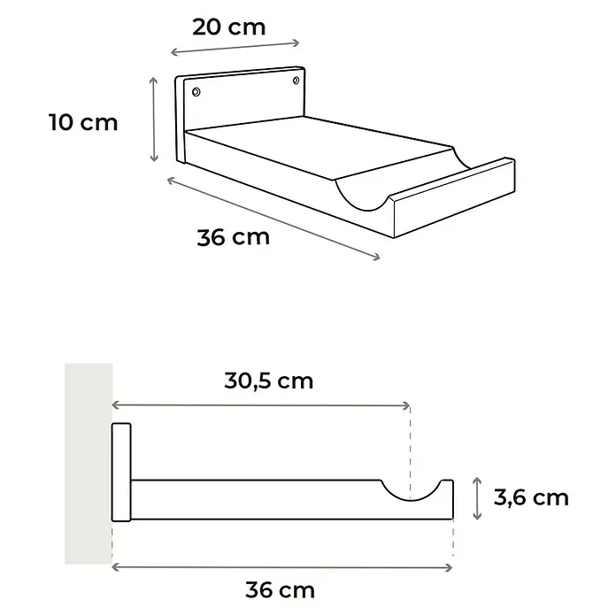 Rei Fahrradhalterung - L x B x H: 35 x 20 x 10 cm, Belastbarkeit: 25 kg - Produktabbildung mit Maßangaben. Die Wandhalterung hat eine Länge von 36 cm und eine Höhe von 3,6 cm. Das Regal ist 20 cm breit und 10 cm hoch.