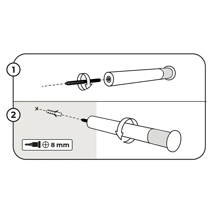 Rei Aparcamiento de bicicletas - L x An x Al: 310 x 380 x 380 mm, Madera - Instrucciones de montaje para una fijación a la pared. La imagen muestra los pasos para sujetar un soporte a la pared con un tornillo y un taco.