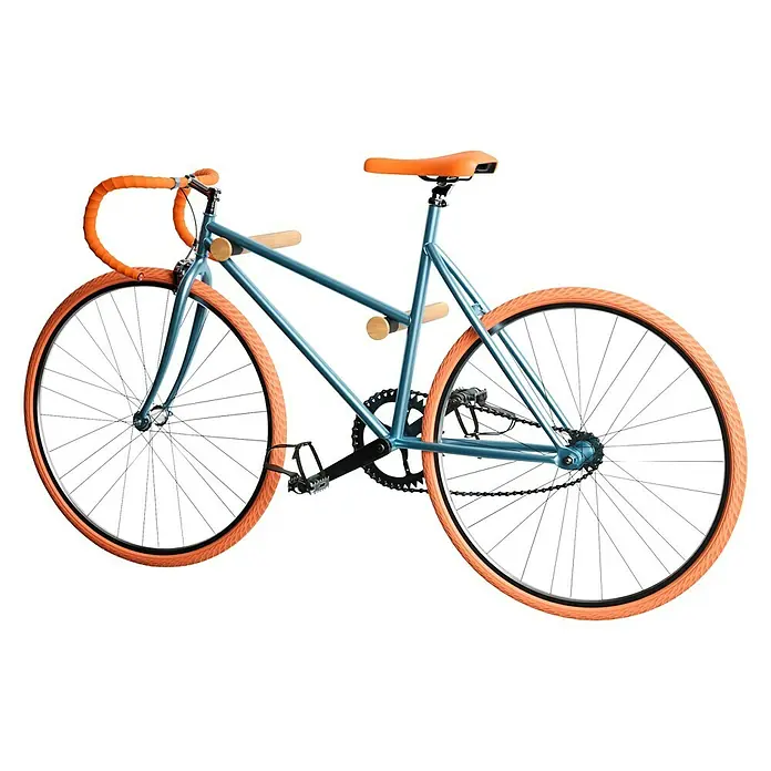 Rei Fahrradhalterung - Länge: 310 mm, 2 Stk. - Das Bild zeigt ein stilvolles, blaues Fahrrad mit orangefarbenen Reifen und Lenkerband vor einem schwarzen Hintergrund. Ein echter Hingucker!