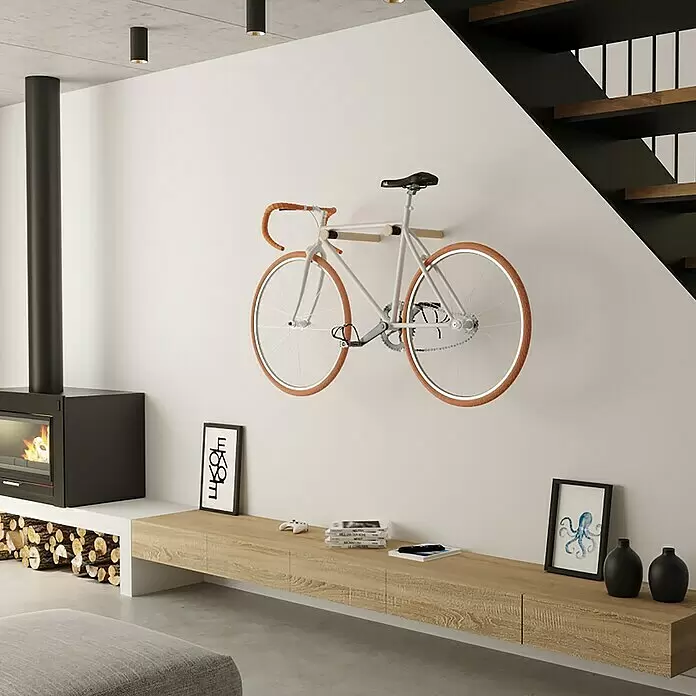 Rei Fahrradhalterung - Länge: 310 mm, 2 Stk. - Wandhalterung aus Holz für Fahrräder, sichert ein helles Rennrad im modernen Raum.