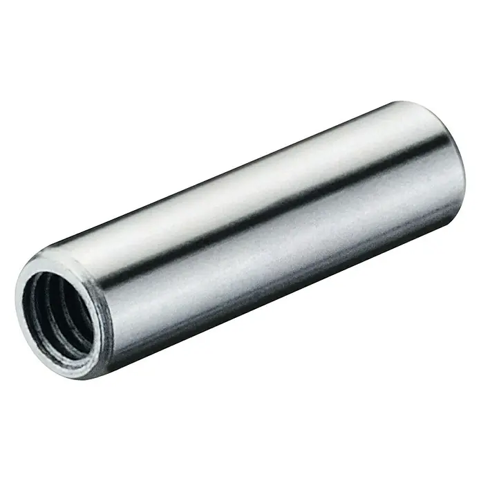 Häfele Casquillo roscado - Largo: 15 mm, Específico para: Espesor de la madera 24 - 26 mm - Primer plano de un manguito roscado cilíndrico de metal, ideal para conexiones. Precisión y calidad para tus proyectos.