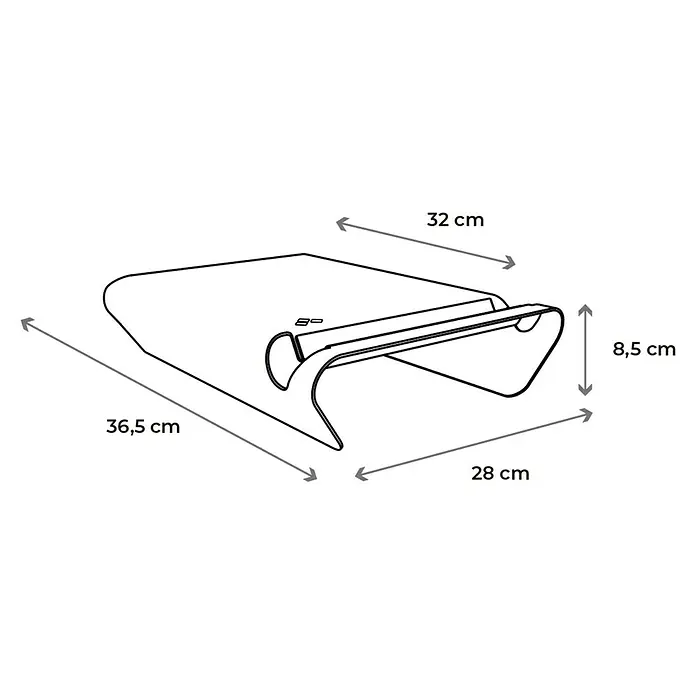 Rei Fahrradhalterung - L x B x H: 365 x 280 x 85 mm - Schemazeichnung eines formschönen Zeitschriftenständers mit den Maßen 36,5 cm x 32 cm x 28 cm x 8,5 cm.