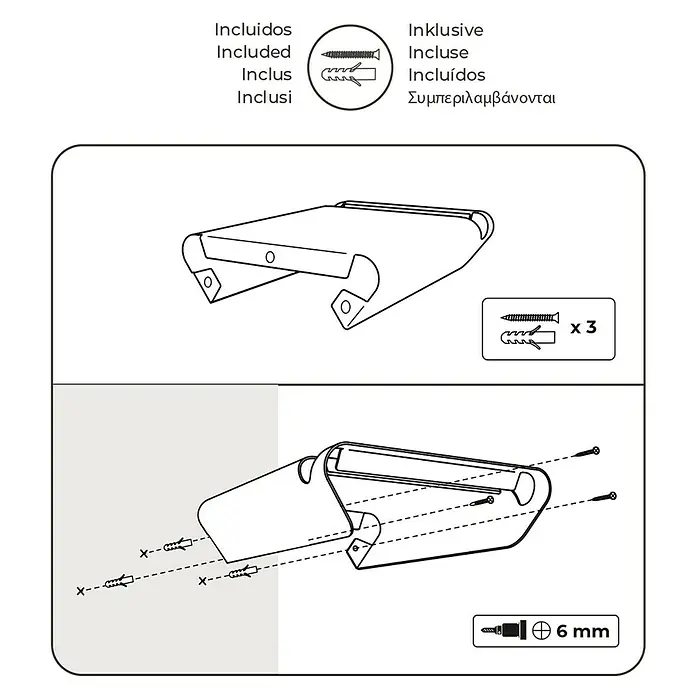 Rei Fahrradhalterung - L x B x H: 365 x 280 x 85 mm - Montageanleitung für eine Ablage, inklusive Schrauben und Dübel zur Befestigung.