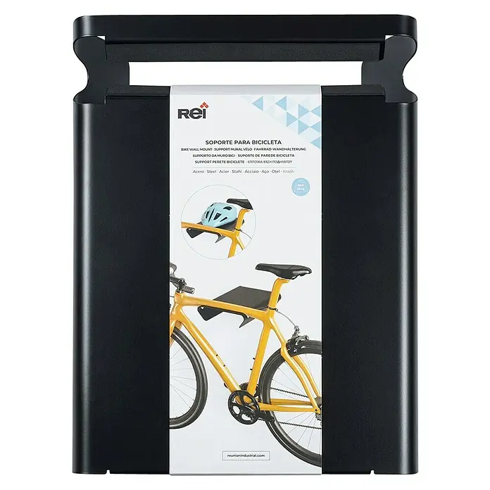 Rei Fahrradhalterung - L x B x H: 365 x 280 x 85 mm - Bild einer REI Fahrrad Wandhalterung in Schwarz mit Verpackung, die eine gelbes Fahrrad zeigt.
