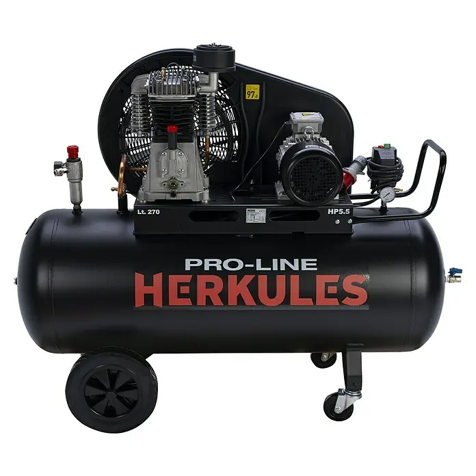 Herkules Kompressor Pro-Line N 59/270 CT5,5 - 4.000 W, Max. Druck: 10 bar, 270 l - Ein schwarzer Herkules Pro-Line Luftkompressor mit einem 270-Liter-Tank und Rädern für den einfachen Transport.