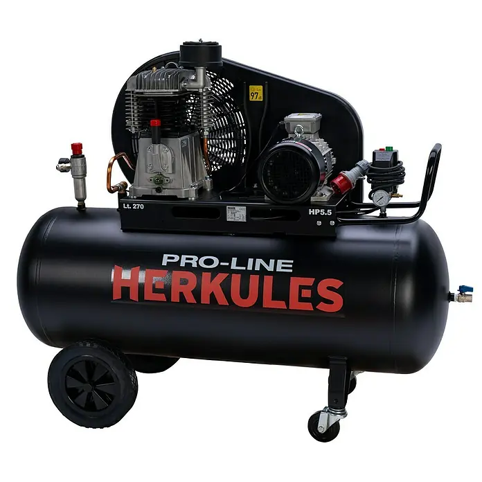 Herkules Kompressor Pro-Line N 59/270 CT5,5 - 4.000 W, Max. Druck: 10 bar, 270 l - Ein schwarzer "PRO-LINE HERKULES" Luftkompressor mit Rädern und diversen Anschlüssen ist abgebildet.