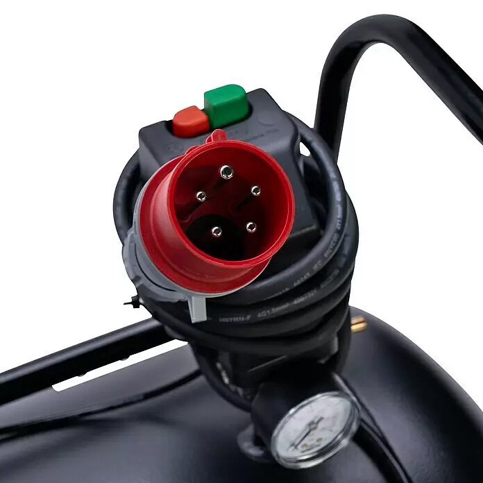Herkules Kompressor Pro-Line B 3800 B/200 CT4 - 3.300 W, 200 l, Max. Druck: 10 bar - Roter 5-poliger Industriestecker, schwarzes Kabel, Steuerkasten mit grünen/roten Knöpfen und Manometer.