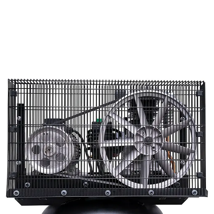Herkules Compresor Pro-Line B3800 B/200 vertical - Presión máx.: 10 bar, 3.000 W - Primer plano de un compresor de aire negro con una jaula metálica, que protege los componentes mecánicos internos como correas y ventiladores.