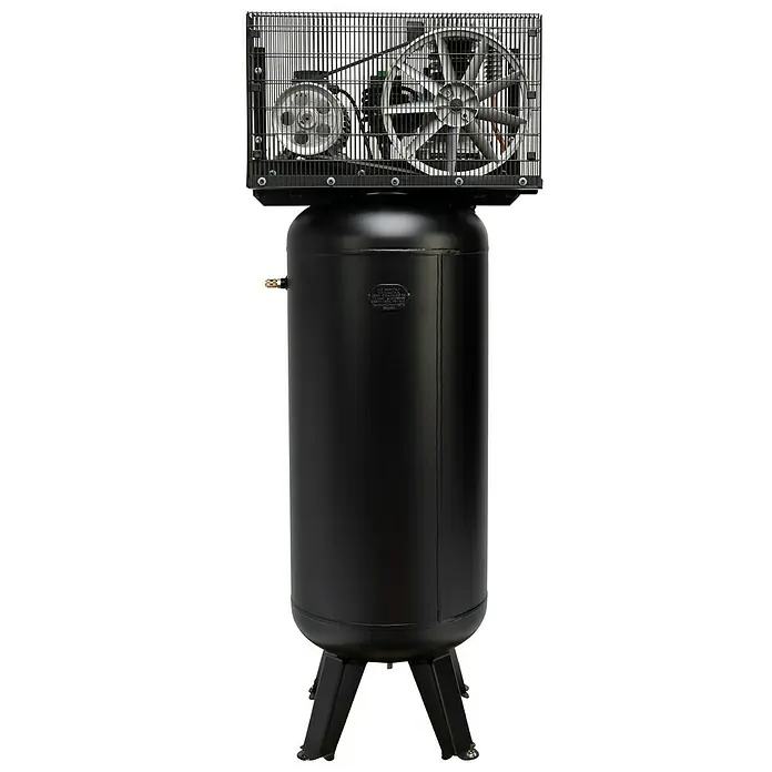 Herkules Kompressor Pro-Line B3800 B/200 Vertikal - Max. Druck: 10 bar, 3.000 W - Hier ist ein Standluftkompressor, der auf einem Sockel steht und über einen Käfiglüfter verfügt.