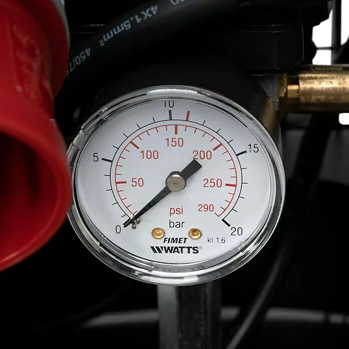 Herkules Kompressor Pro-Line B3800 B/200 Vertikal - Max. Druck: 10 bar, 3.000 W - Weißes Manometer mit PSI- und Bar-Anzeige und schwarzem Zeiger.