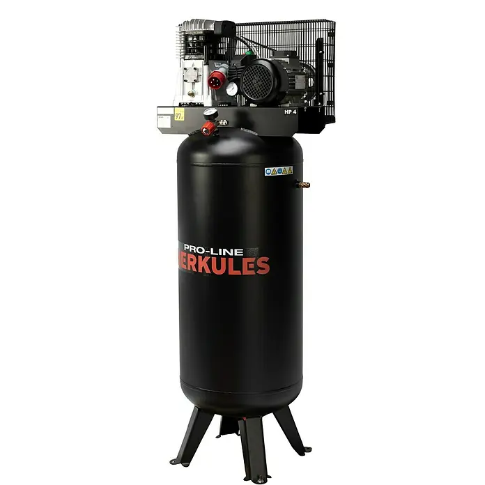 Herkules Kompressor Pro-Line B3800 B/200 Vertikal - Max. Druck: 10 bar, 3.000 W - Hier ist ein Bild eines schwarzen Herkules Pro-Line Luftkompressors, der aufrecht steht und für professionelle Anwendungen konzipiert ist.