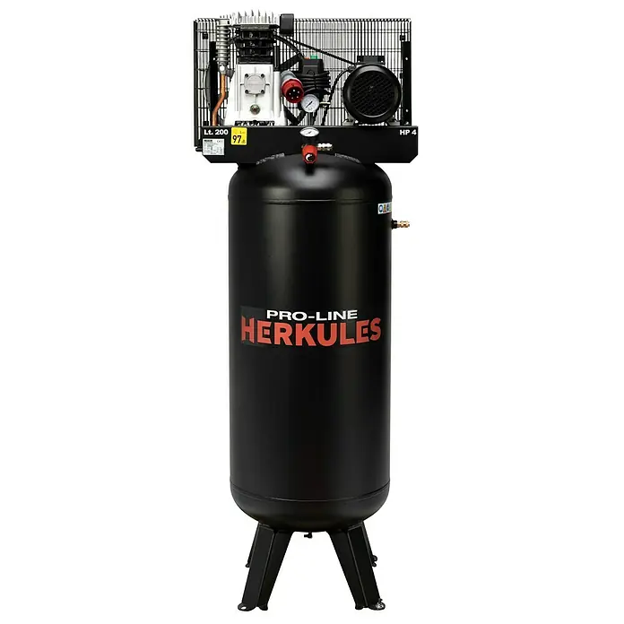 Herkules Compresor Pro-Line B3800 B/200 vertical - Presión máx.: 10 bar, 3.000 W - El compresor Pro-Line Herkules es un dispositivo robusto con un volumen de tanque de 200 litros, que se apoya sobre pies estables y es adecuado para usos profesionales.