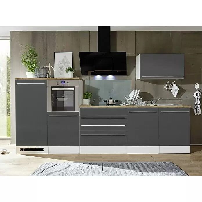 Respekta Premium Composición de cocina Gabriel - Ancho: 320 cm, Antracita, Con electrodomésticos - Mueble de cocina moderno gris oscuro con encimera efecto madera, horno integrado, placa, campana extractora y armarios altos.
