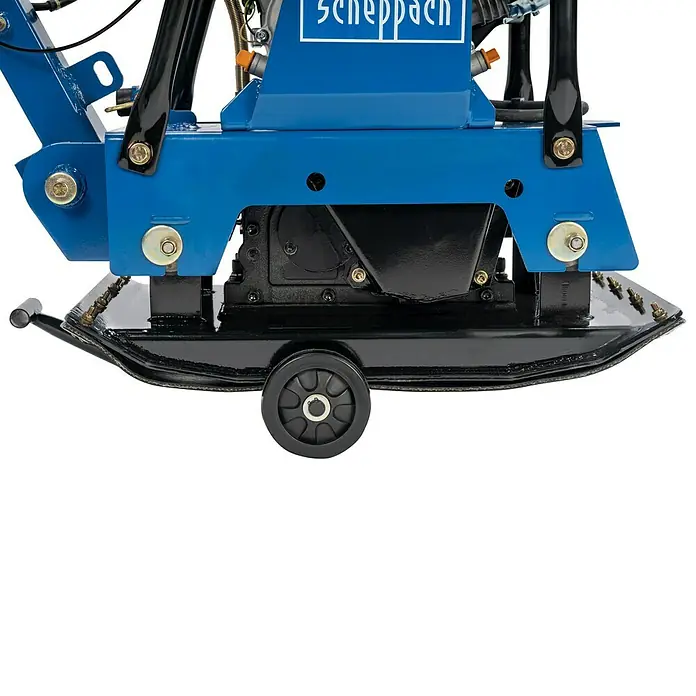 Scheppach Rüttelplatte HP 3000 S - 6,6 kW, Verdichtungsdruck: 30,5 kN - Detailaufnahme des Scheppach Stampfers mit schwarzem Rad und blauer Karosserie.
