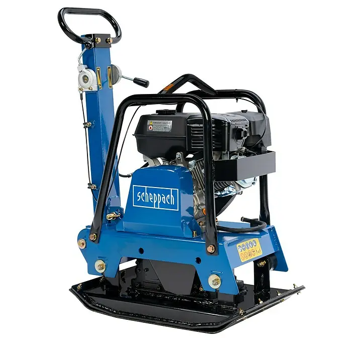 Scheppach Rüttelplatte HP 3000 S - 6,6 kW, Verdichtungsdruck: 30,5 kN - Das Bild zeigt einen Scheppach Vibrationsstampfer in Blau und Schwarz, ein robustes Werkzeug für Verdichtungsarbeiten.
