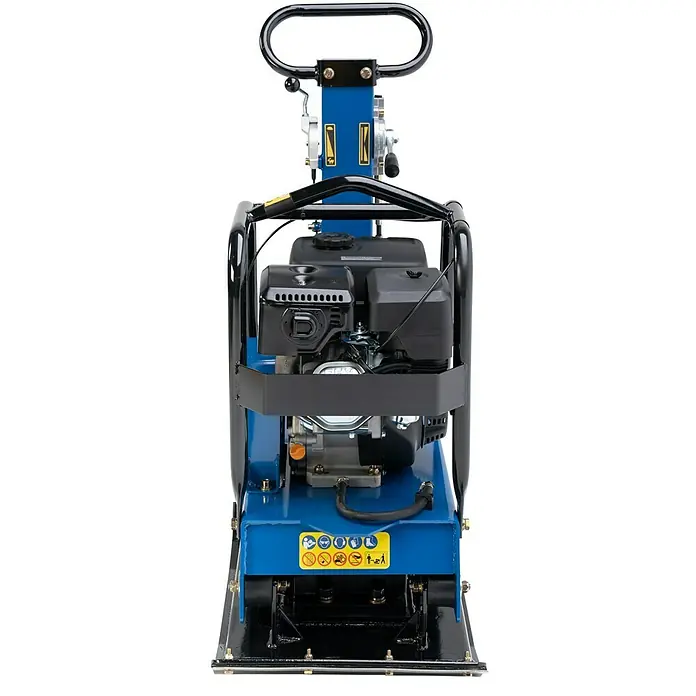 Scheppach Rüttelplatte HP 3000 S - 6,6 kW, Verdichtungsdruck: 30,5 kN - Eine blaue reversierbare Vibrationsplatte mit schwarzem Motor und schwarzen Schutzrahmen.