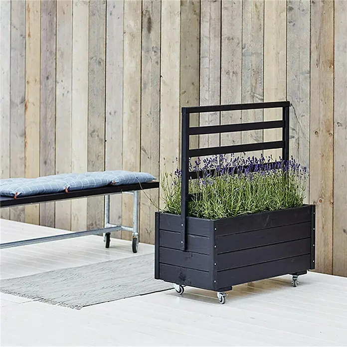 Plus Pflanzkasten - L x B x H: 88 x 48 x 105 cm, Schwarz, Mit Rankgitter - Schwarzer Pflanzkasten aus Holz mit Rankgitter und Lavendel, ideal für den Garten oder die Terrasse, mit Rollen für einfaches Bewegen.