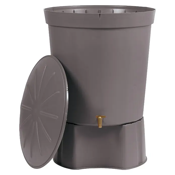 Garantia Basic Line Regentonne Lanzarote - 300 l, Graphit - Ein grauer Regenwassertank mit Deckel und goldenem Wasserhahn. Praktisch für die Gartenbewässerung und umweltfreundlich.