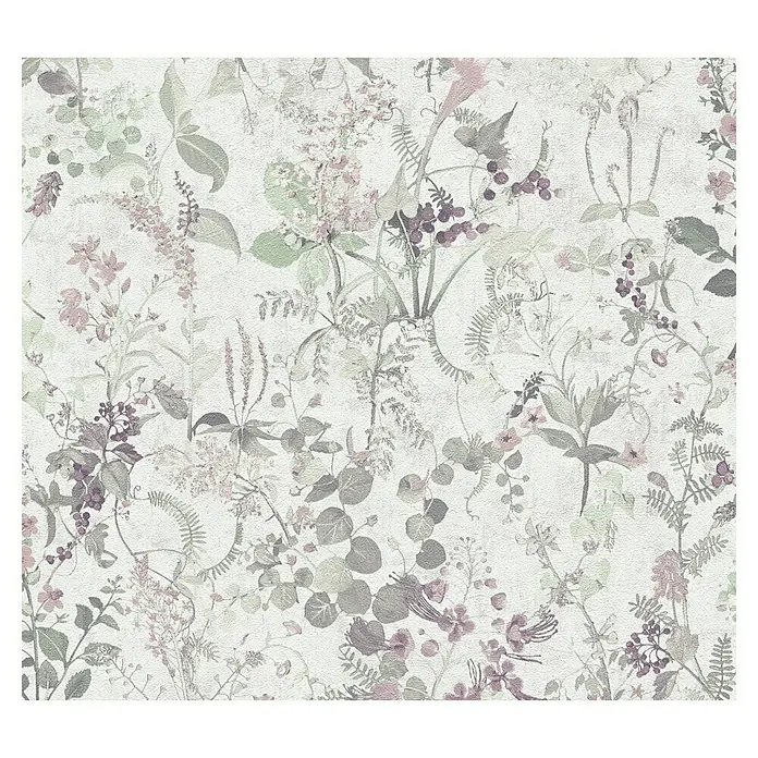 A.S. Création Vliestapete Blüten - Pastell, Floral, 10,05 x 0,53 m - Eine detailreiche Illustration von zarten Blumen und Blättern in sanften Pastelltönen, die eine ruhige und harmonische Atmosphäre schafft.