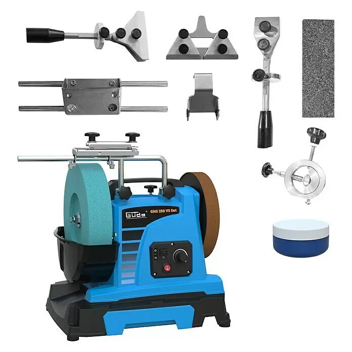 Güde Nass-Schleifmaschine GNS 250 VS Set - 150 W - Blaues Schleifgerät mit hellblauen und braunen Schleifscheiben, dazu Metall- und Kunststoff-Schleifvorrichtungen und Honpaste.