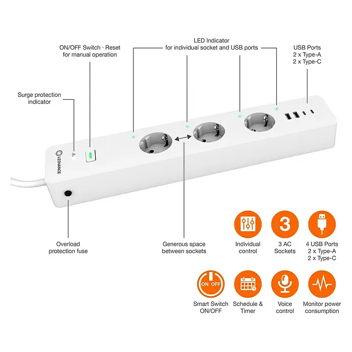 Ledvance Smart+ WiFi Smart-Steckdosenleiste3-fach, Weiß, Max. Anschlussleistung: 3.680 W, 4 x USB