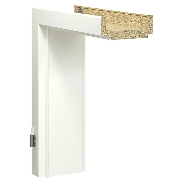 GetaDoor Laminit Türzarge GL 222 - 860 x 1.985 mm, Wandstärke: 225 mm, DIN Anschlag: Links, Arctic Weiß - Nahaufnahme eines weißen Türrahmens, der die Konstruktionsdetails zeigt. Der Rahmen ist teilweise montiert und zeigt Holzdetails.