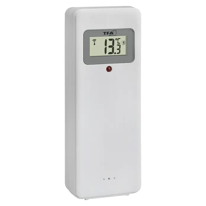 TFA Dostmann Digitale Funkuhr mit Temperaturanzeige - Schwarz, 36 x 2,8 x 23,5 cm - Ein weißer TFA-Außensender mit Temperaturanzeige und roter LED. Das Gerät ist kompakt und für die Wandmontage geeignet.