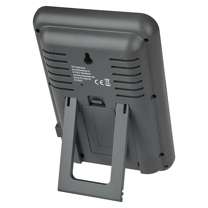 TFA Dostmann Wetterstation Multy - Batteriebetrieben, Grau, Schwarz, 11,8 x 2,9 x 18 cm - Rückansicht einer TFA Dostmann Wetterstation mit ausklappbarem Standfuß und Wandaufhängung.