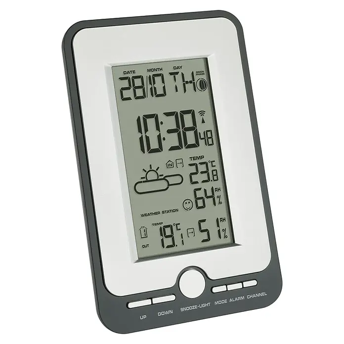 TFA Dostmann Wetterstation Multy - Batteriebetrieben, Grau, Schwarz, 11,8 x 2,9 x 18 cm - Eine digitale Wetterstation mit Anzeige von Datum, Uhrzeit, Temperatur und Luftfeuchtigkeit für Innen- und Außenbereich.