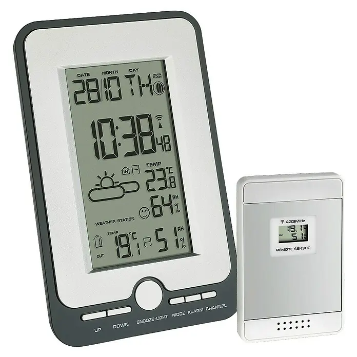 TFA Dostmann Wetterstation Multy - Batteriebetrieben, Grau, Schwarz, 11,8 x 2,9 x 18 cm - Wetterstation mit großem Display und Außensensor für Temperatur- und Feuchtigkeitsmessungen.