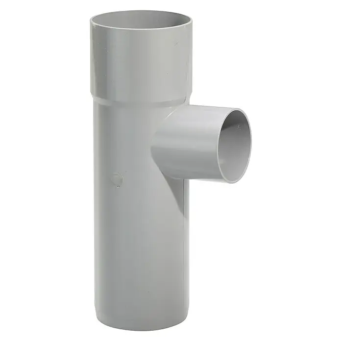 FunkeGruppe Fallrohrabzweig - Nennweite Zubehör Dachrinnen: 70/50 mm, Winkel: 87 °, Kunststoff, Grau - PVC-T-Stück für Rohrverbindungen. Ideal für Sanitärinstallationen, dieses T-Stück ermöglicht eine einfache und zuverlässige Verbindung von Rohren.