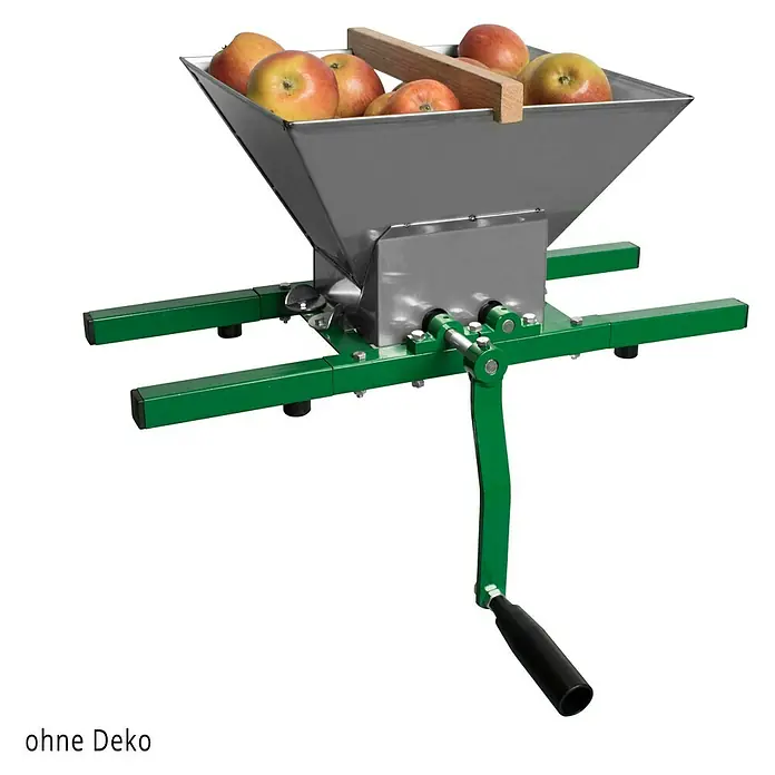 Güde Obstmühle OM 7Fassungsvermögen: 7 l - Abgebildet ist eine Apfelpresse mit einer robusten grünen Basis und einem Trichter aus Edelstahl, gefüllt mit frischen Äpfeln.