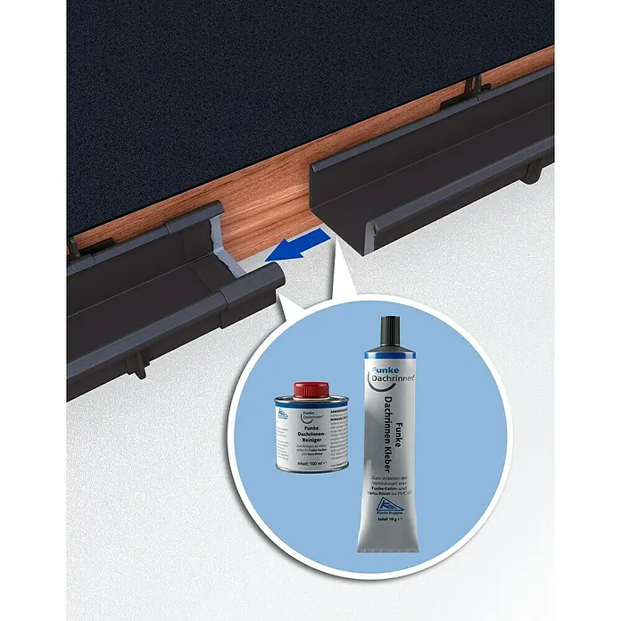 FunkeGruppe Rinnenverbinder - Nennweite: 70 mm, Kunststoff, Grau - Darstellung von Funke Dachrinnen-Reiniger und Funke Dachrinnen-Kleber, Produkte zur Reinigung und Verklebung von Dachrinnen.