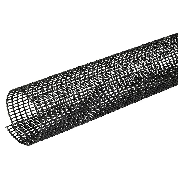 FunkeGruppe Laubfanggitter - Nennweite Zubehör Dachrinnen: 100 - 125 mm, Länge: 200 cm - Nahaufnahme einer Rolle schwarzem Kunststoff-Drahtgeflecht. Ideal für Bau- und Gartenprojekte, bietet Flexibilität und Robustheit.